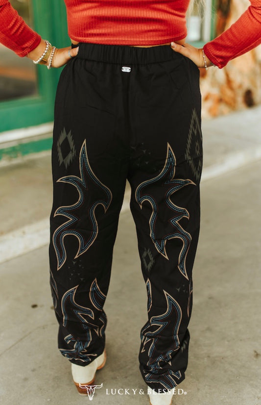 Black Boot Stitch Printed Elastic Waist Joggers